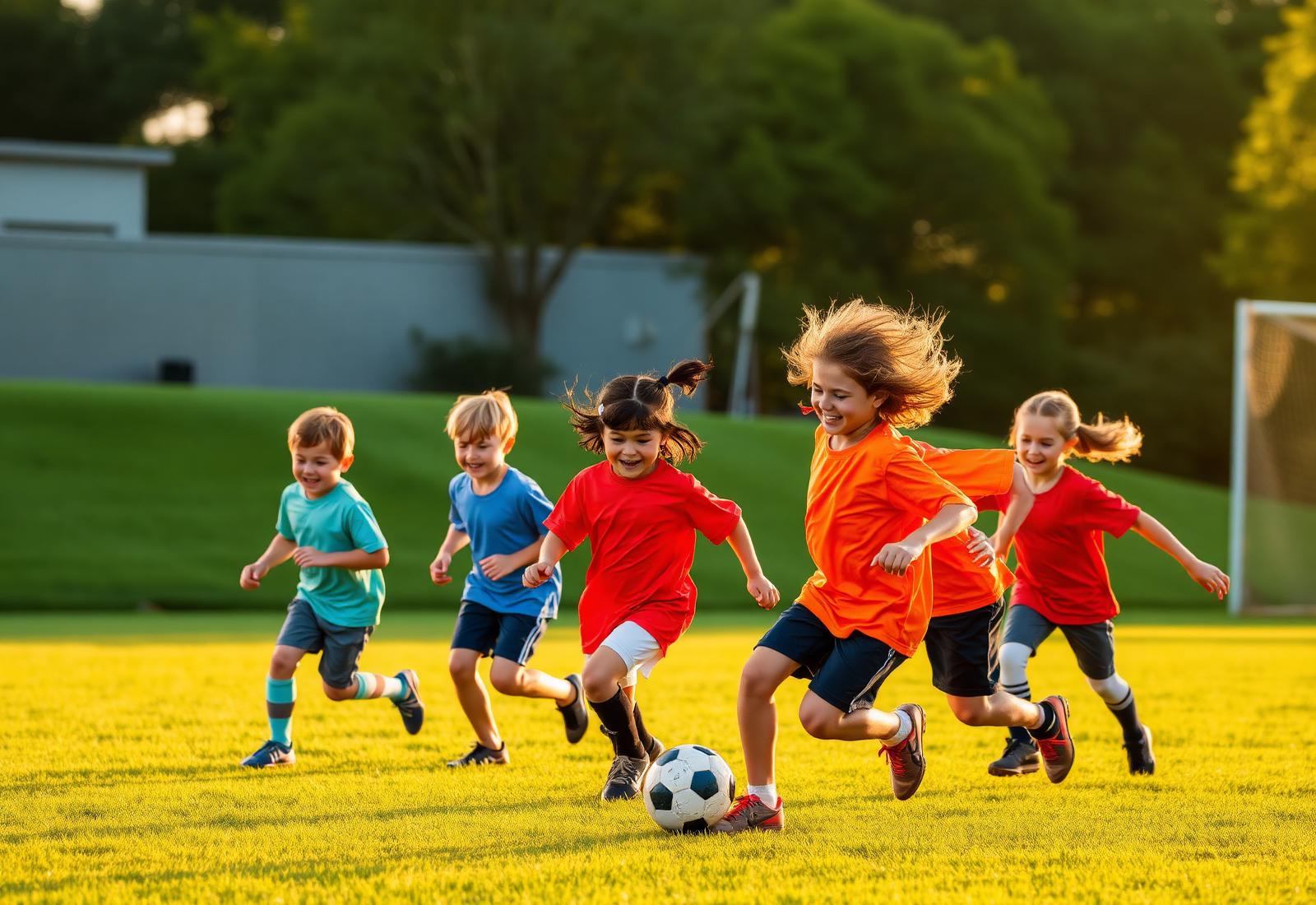 Young soccer players running on a green field