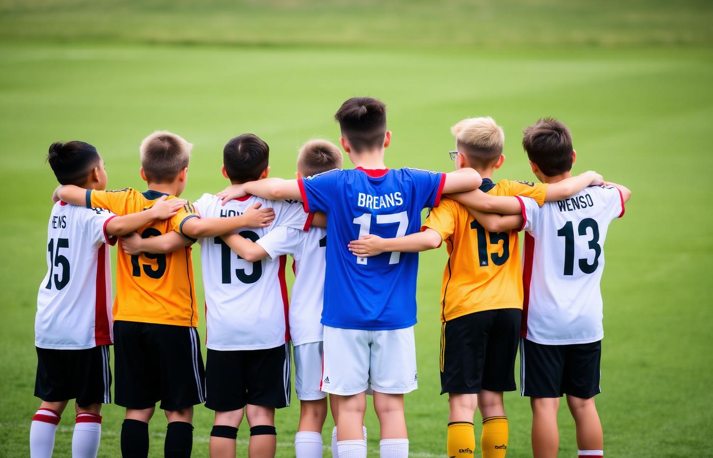 Team of young players arms around each other